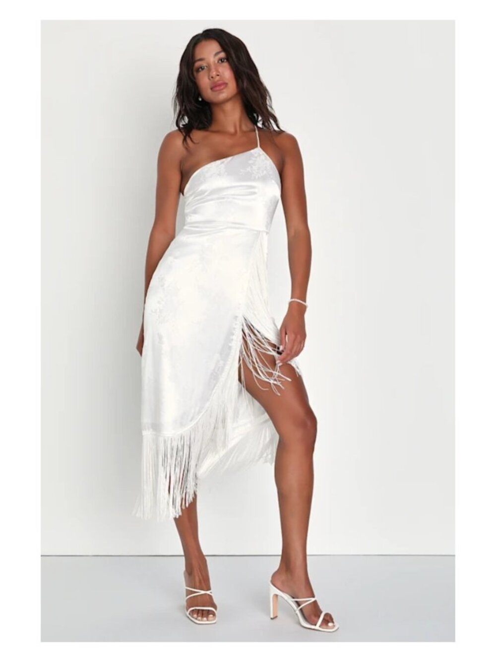 Lulus 9D2075 / 2109336 On the Dancefloor White Jacquard Fringe One-Shoulder